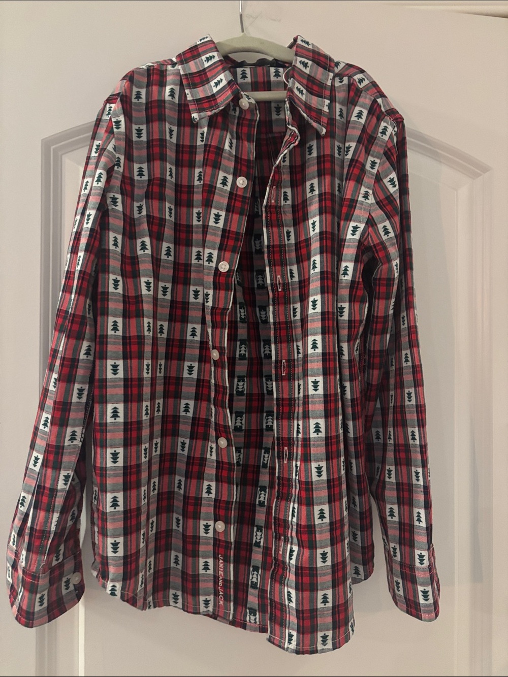 Janie and Jack Red Plaid Button-Down Shirt with Green Tree Motif